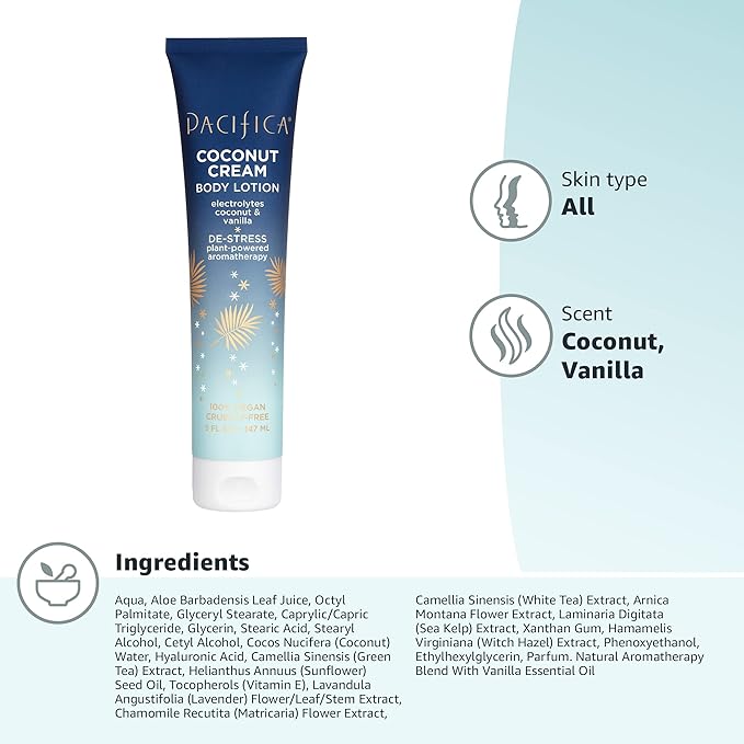 Pacifica Coconut Cream Body Lotion – Moisturizing Coconut & Vanilla Body Cream w/Aloe, Vitamin E & Chamomile for Soft Skin, Soothing Hydration for Dry Skin Lightweight Non-Greasy Vegan & Cruelty-Free