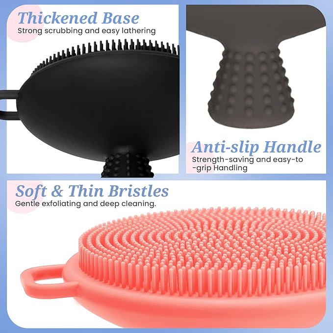 Silicone Back & Body & Face Scrubber Set 3PCS, Gentle Exfoliating Back & Body Scrubber with Dual-Side Brush Head, Hygienic Silicone Loofahs with Soft Bristle and Non-Slip Handle(Black-3PC)