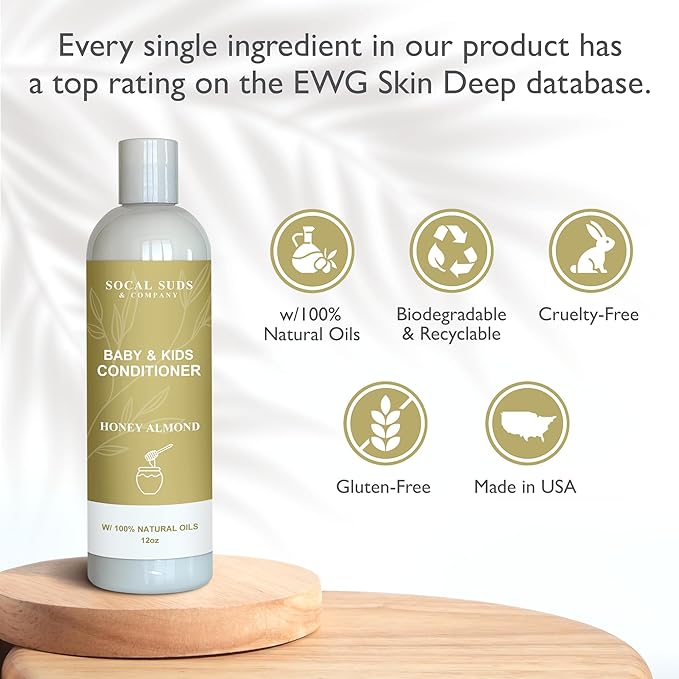 SoCal Suds & Company Organic Baby & Kids Conditioner – Moisturizing Formula with Natural Honey Almond Scent, Gentle & Nourishing, All Hair Types, Non-Greasy, Ideal for Sensitive Scalps, 12oz