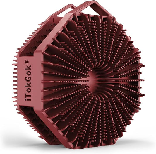 iTokGoK® Premium Silver-Infused Double-Sided Design 2-in-1 Silicone Body Brush Scrubber,Body Buffer Scrubber for Sensitive Skin, Ergonomic No-Slip Handle, Long-Lasting & Easy to Clean - Burgundy