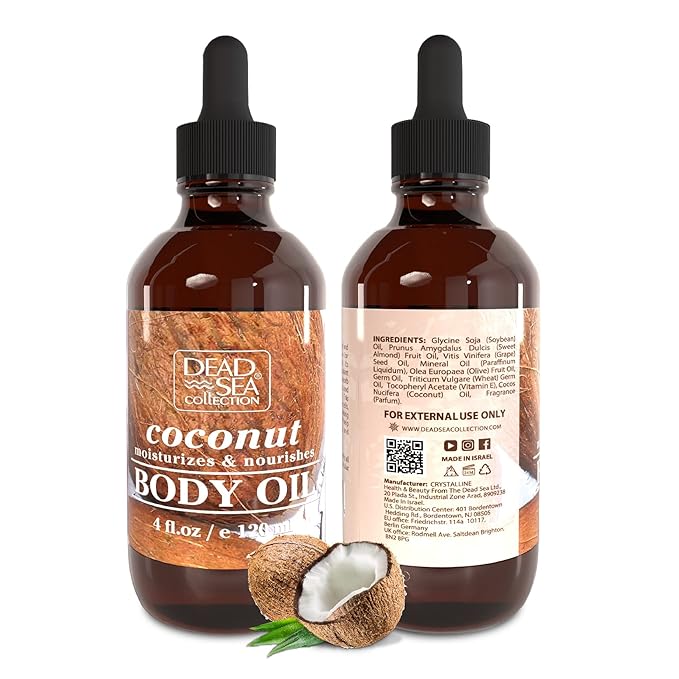 Dead Sea Collection Body Oil with Coconut - Dry Skin Moisturizer and Hydrating Massage Oil - Nourishing Bath - Increase Skin Elasticity and Provide Anti-Aging Support for Face and Body (4 fl.oz)