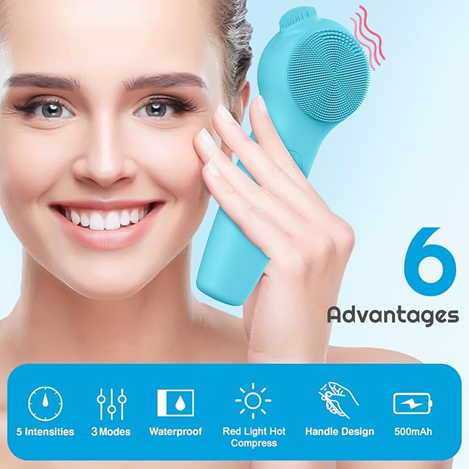 Landmore Silicone Face Scrubber, Waterproof Facial Cleansing Brush with Red Light Thermal Massage, Electric Face Scrubber with Nose Scrubber Exfoliator for Women/Men Deep Cleansing, Power Exfoliating