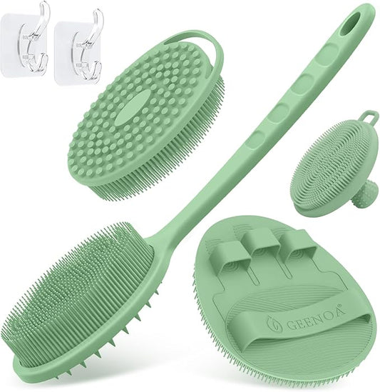 Silicone Back/Body/Face Scrubber & Soft Bath Glove Set 4PCS, Gentle Exfoliating Back & Body Scrubber with Dual-Side Brush Head, Hand-fit Bath Glove & Face Scrubber for Deep Cleaning(Green-4PC)