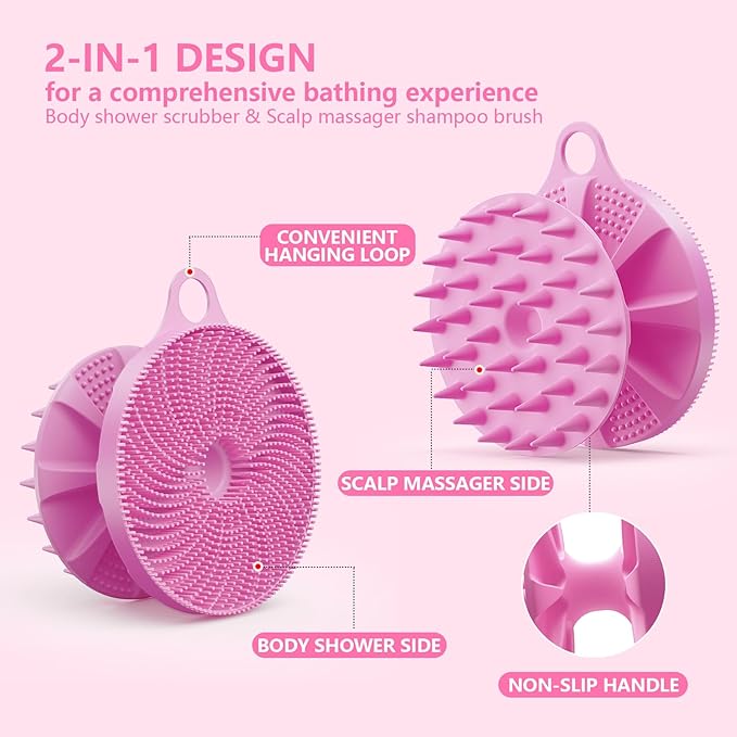 2 in 1 Silicone Brush, BEAUTAIL Body Shower Scrubber and Scalp Hair Massager Shampoo Brush, Deeply Cleanse Skin, Dandruff Removal and Hair Growth, Gentle for Women Men Sensitive Skin, 1 Pack (Lilac)