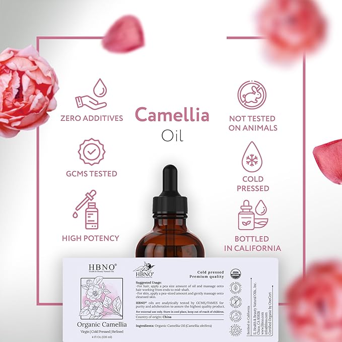 HBNO Organic Camellia Oil - Huge 4 oz (120ml) Value Size - USDA Certified Organic Camellia Oil, Cold Pressed Carrier Oil for Face, Body, Lips, Nails, Shampoo & Conditioner