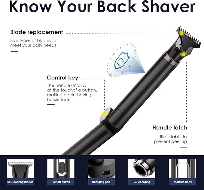Back Shaver for Men, 5-in-1 Electric Back Hair Removal Razor with Adjustable Extension Handle, Body Hair Trimmer Grooming Kit for Wet or Dry Shaving,Rechargeable,Waterproof (Black)