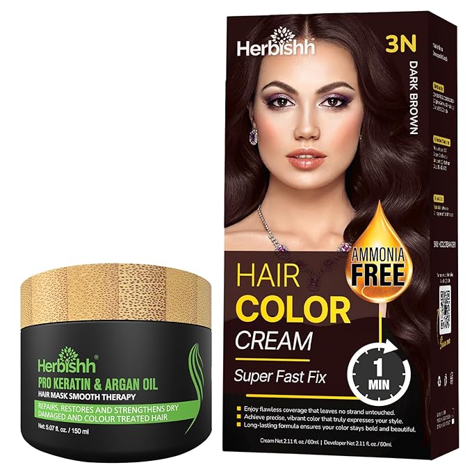 Dark Brown Rapid Infusion Hair Color Cream, Permanent Hair Dye in One Minute with Comb Applicator and Argan Oil Deep Conditioning Hair Mask 5.07 FL OZ Combo Pack