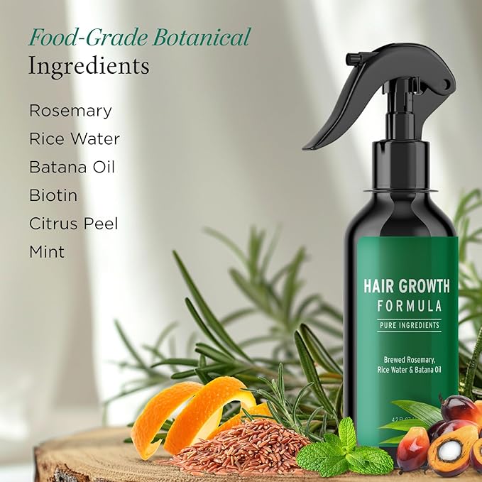 Rosemary Water Spray for Hair Growth, Rosemary Hair Growth Scalp Spray With Rice Water & Batana Oil, Biotin, Citrus Peel and Mint to Strengthen Strands and Promote Hair, 4.2 fl oz