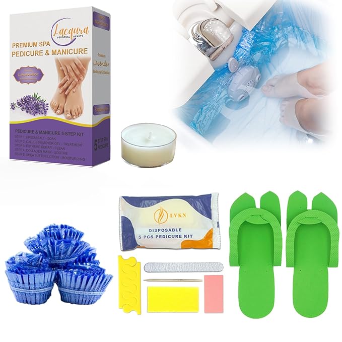 6-Step Foot Care System with Epsom Salt Soak, Callus Remover Gel, Sugar Scrub, Collagen Mask, Shea Butter Lotion, Massage Oil Candle + Disposable Pedicure Kit 5-1, Liner & Slippers. Lavender 03 Set
