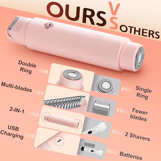 2 in1 Bikini Trimmer for Women, Dual-Head Electric Razor & Painless Hair Removal - Waterproof Cordless Lady Shaver for Body, Face Underarm, Intimate Areas, Facial Bikini Shaver (Pink)