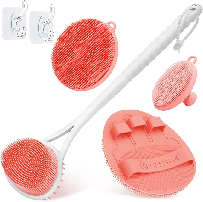 Silicone Back & Body & Face Scrubbers Set 4PCS, 15.35’’ Soft Back Scrubber for Dual-Side Usage, Easy-to-Hold Bath Glove Body Scrubber Face Scrubber for Good Foaming & Deep Cleaning(Pink)