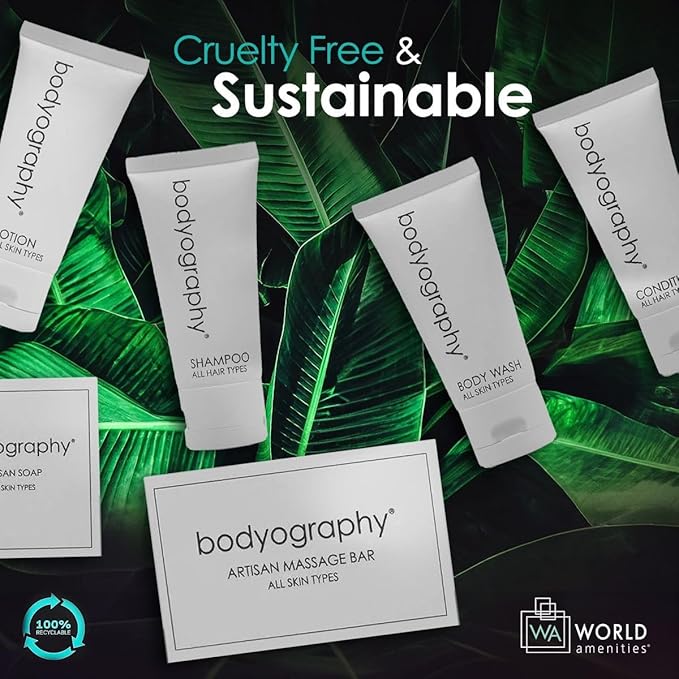 Bodyography Blanc Mini Travel Size Toiletries Bathroom Kit | Vanilla White Tea| Shampoo, Conditioner, Body Wash, Lotion, Artisan Soap and Massage Bar