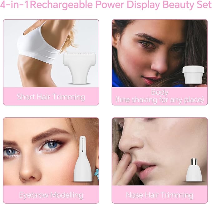 Electric Razor for Women 4-in-1 Bikini Trimmer & Body Shaver for Face, Legs, Underarms, Pubic Hair – Rechargeable Wet/Dry Painless Hair Removal with LED Display – Cordless Grooming Kit