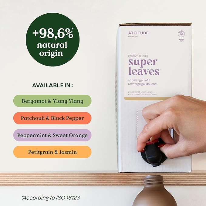 ATTITUDE Body Wash with Essential Oils, EWG Verified Shower Gel, Dermatologically Tested, Plant and Mineral-Based, Vegan Personal Care, Bergamot and Ylang Ylang, Bulk Refill, 67.62 Fl Oz