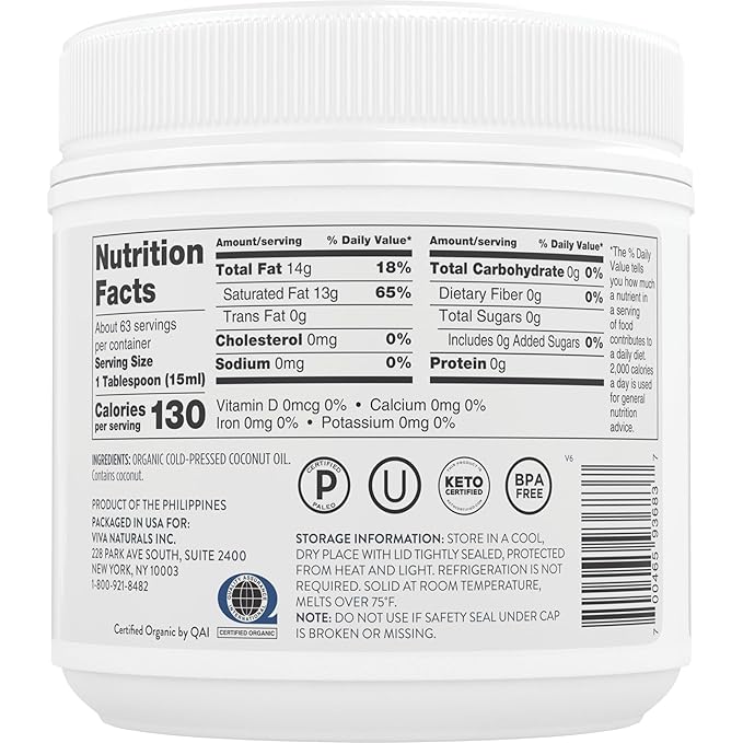 Viva Naturals Organic Coconut Oil - Unrefined and Cold-Pressed, Natural Hair Oil, Skin Oil and Cooking Oil with Fresh Flavor, Non-GMO Extra Virgin Coconut Oil (Aceite de Coco), USDA Organic, 32 Fl Oz (Pack of 1)