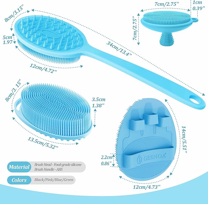 Silicone Back/Body/Face Scrubber & Soft Bath Glove Set 4PCS, Gentle Exfoliating Back & Body Scrubber with Dual-Side Brush Head, Hand-fit Bath Glove & Face Scrubber for Deep Cleaning(Blue-4PC)