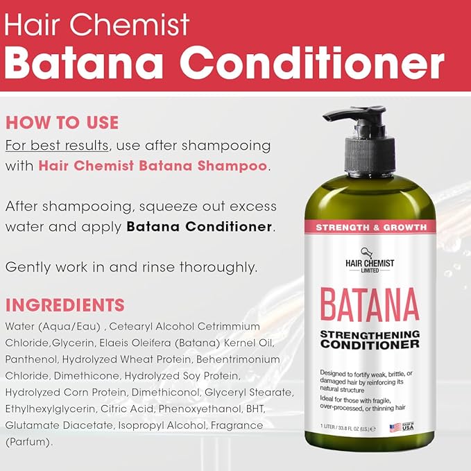 Hair Chemist Batana Strengthening Large Shampoo, Conditioner and Hair Oil Set (3-PC SET) - Batana Shampoo and Conditioner for Hair Growth, Thickening and Strength, Batana Hair Oil