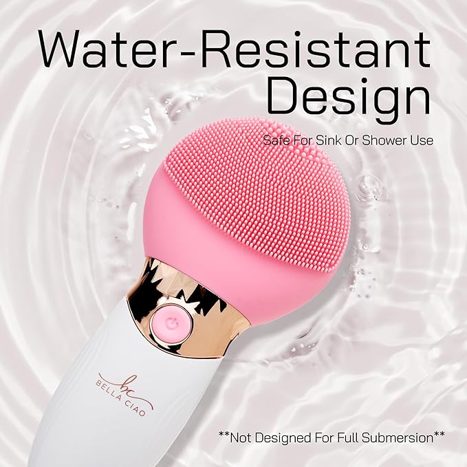 Bella Ciao Facial Cleansing Brush for Women – Rechargeable Silicone Face Scrubber, 4 Massage Settings, Exfoliating & Massaging, Water Resistant – Standing Base, Pink