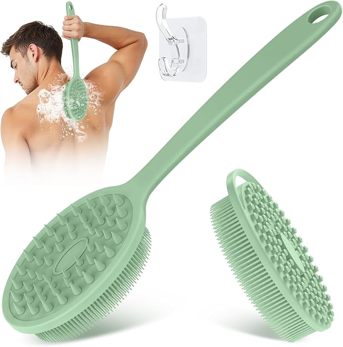Silicone Back & Body Scrubber Set 2PCS, 13.4'' Gentle Exfoliating Back Scrubber with Dual-Side Head and Non-Slip Handle, Hygienic Silicone Loofah with Soft Bristles and Massage Dots(Green-2PC)