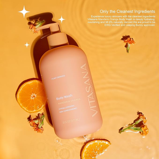 Vitasana Natural Body Wash for Sensitive Skin, 16 oz – Mandarin Orange Scent, 98.9% Plant‑Derived, EWG Verified, Hypoallergenic, Paraben‑Free, Sulfate‑Free, Cruelty‑Free