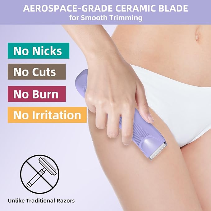 INVJOY Bikini Trimmer for Women: Painless Electric Full-Body Shaver for Pubic & Legs Hair Removal with Hypoallergenic Ceramic Blade & Light – Waterproof
