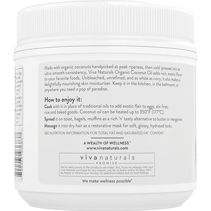 Viva Naturals Organic Coconut Oil - Unrefined and Cold-Pressed, Natural Hair Oil, Skin Oil and Cooking Oil with Fresh Flavor, Non-GMO Extra Virgin Coconut Oil (Aceite de Coco), USDA Organic, 32 Fl Oz (Pack of 1)