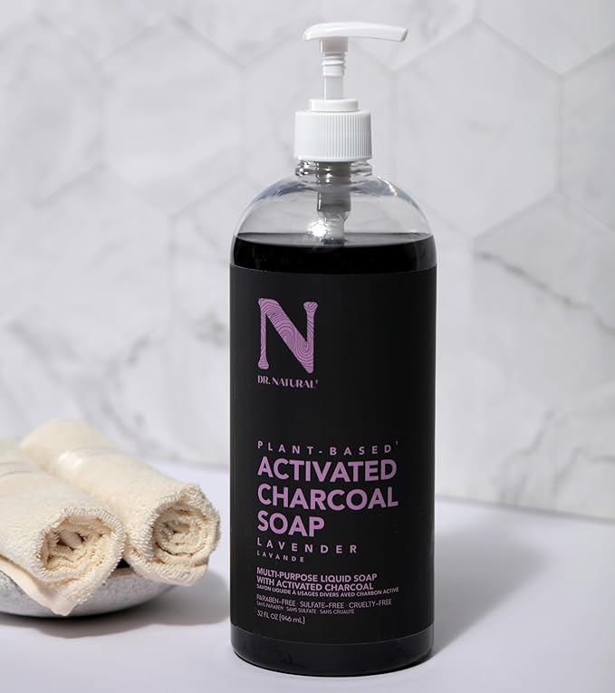 Dr. Natural Activated Charcoal Liquid Soap - Anti Acne and Blemishes - Deep Cleansing Body Wash - Gentle Body Soap for Clear Skin - Lavender - 32 oz..