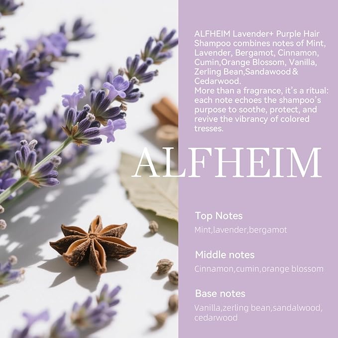 ALFHEIM Lavender+ Purple Shampoo | Neutralizes Brass & Yellow Tones | Sulfate-Free, Color-Safe Formula | For Blonde, Silver & Highlighted Hair | Hydrating & Smoothing | 10.7 oz