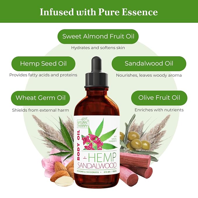Natural Therapy Hemp & Sandalwood Body Oil – Moisturizing Body Oil – Hydrate & Soften Skin – Increase Skin Elasticity and Provide Anti-Aging Support (4 Fl.Oz)