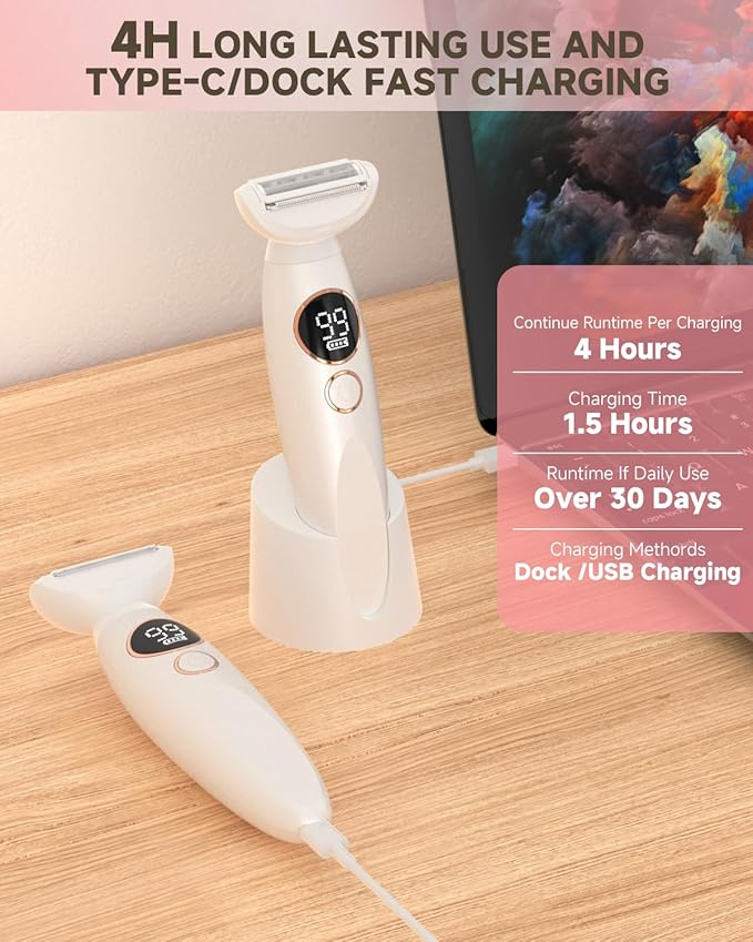 Bikini Trimmer for Women, Rechargeable 4H Use Electric Razors for Women with LED Display Painless 5 in 1 Facial Nose Pubic Hair Removal IPX7 Waterproof Body Shaver for Leg Armpit Eyebrows Femal Gift