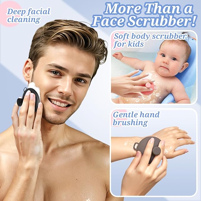 Silicone Back & Body & Face Scrubbers Set 4PCS, 15.35’’ Soft Back Scrubber for Dual-Side Usage, Easy-to-Hold Bath Glove Body Scrubber Face Scrubber for Good Foaming & Deep Cleaning(Black)