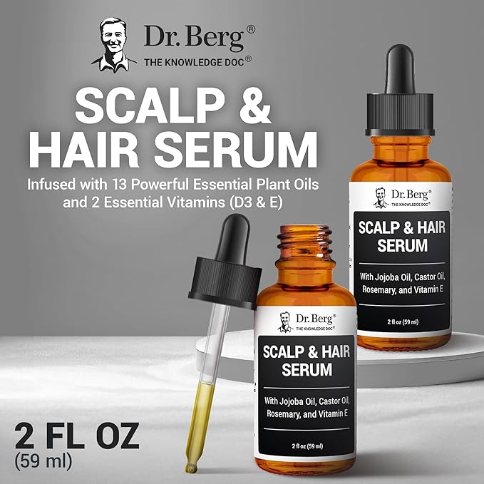 Dr. Berg Scalp & Hair Serum (Improved Formula) with Vitamin D3 & E - Clinically Tested, Paraben- and Sulfate-Free Hair Oil for Women & Men - Includes Rosemary Oil, Castor Oil & Jojoba Oil - 2 Fl oz