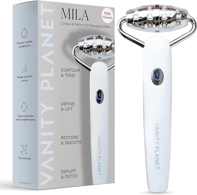 Vanity Planet Mila Contour & Define LED Facial Roller - 3-in-1 Skin Massager with Cooling, Sonic Vibration & Red Light - Ergonomic Anti-Aging Face Tool for Firming & Relaxation