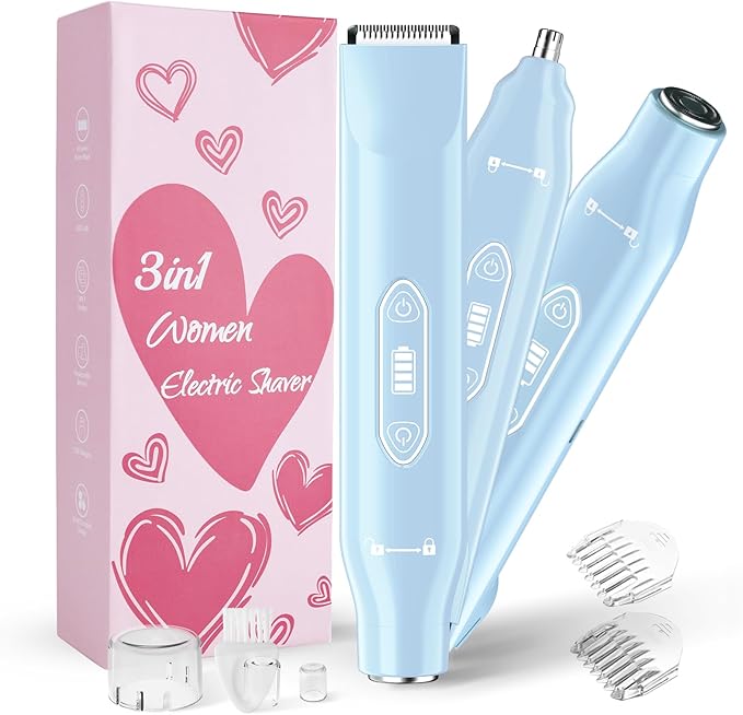 Body Hair Trimmer for Men，3 in 1 Electric Razor with Ceramic Blades, IPX7 Waterproof, USB Rechargeable, Painless Hair Removal for Face，Body，Nose，Groin, Travel Grooming Kit (Blue)