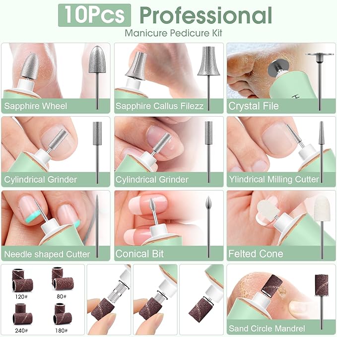 Professional Manicure Pedicure Kit with 360° LED Light&10 Speeds&Memory Mode with Case, Cordless Electric Nail Drill, Pedicure Tools for feet,Hand Foot Care Nail File for Thick Nail Toenail Cuticle