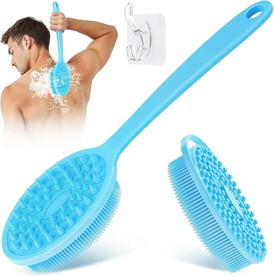 Silicone Back & Body Scrubber Set 2PCS, 13.4'' Gentle Exfoliating Back Scrubber with Dual-Side Head and Non-Slip Handle, Hygienic Silicone Loofah with Soft Bristles and Massage Dots(Blue-2PC)