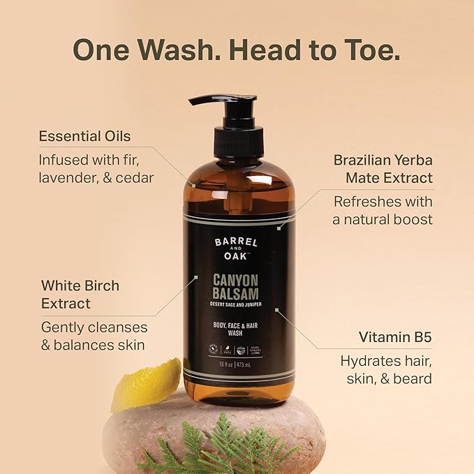 Barrel and Oak - All-In-One Body Wash, Men's Body Wash, Men's Soap for Hair, Face, & Body, Essential Oil-Based, Fir needle, Citrus Zest & Red Cedar Blend (Canyon Balsam, 16 oz)