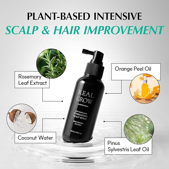 RATED GREEN REAL GROW Anti Hair Loss Stimulating Scalp Spray for Hair Growth, Korean Hair Care, Cold Brewed Organic Rosemary Water Spray for Thinning Hair, 6.06 Fl. Oz