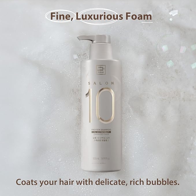 Mise En Scene 𝗦𝗮𝗹𝗼𝗻 𝟭𝟬 Protein Shampoo for Severe Damaged Hair - Low porosity Hair Product, Korean HairPerfume Shampoo, 10-Sec Protein Clinic, Moisturizing & Restoring, 16.9 Fl. Oz. (500ml)
