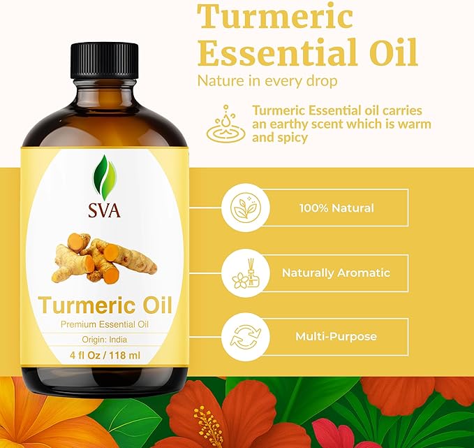 SVA Turmeric Essential Oil – 4 Fl Oz – 100% Natural Turmeric Oil - for Diffuser, Hair Care, Face, Skin Care, Aromatherapy, Scalp and Body Massage, Soap and Candle Making – with Dropper