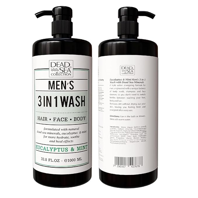 Dead Sea Collection Mens Body Wash 3 in 1 – Eucalyptus Body Wash for Men – Shower Gel – Shampoo – Shower Soap for Face and Hair – Pack of 2 Bottles (33.8 Fl. Oz. Each)