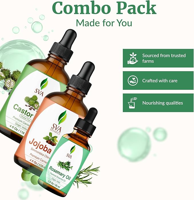 SVA Rosemary Essential Oil 1oz, Castor Oil 4oz, and Jojoba Oil 4oz Bundle Super Saver Combo – Premium Grade Value Set for Hair Oiling, Scalp Massage, Hair Care, Face, Skin Care, and Body Massage