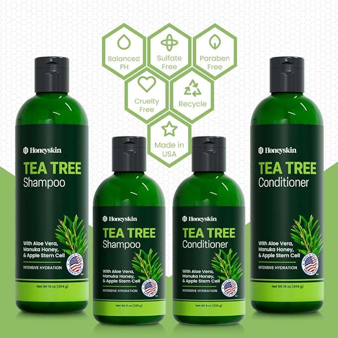 Tea Tree Shampoo and Conditioner Set - Dandruff Treatment With Organic Tea Tree Oil - Itchy Scalp Treatment for Women and Men - Sulfate and Paraben Free With Manuka Honey, Aloe Vera & Coconut (16oz)