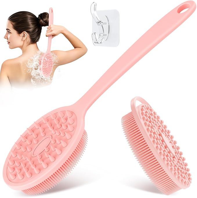 Silicone Back & Body Scrubber Set 2PCS, 13.4'' Gentle Exfoliating Back Scrubber with Dual-Side Head and Non-Slip Handle, Hygienic Silicone Loofah with Soft Bristles and Massage Dots(Pink-2PC)