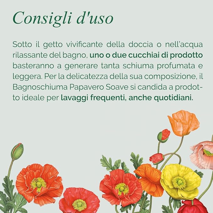 L'Erbolario Shower Gel – Antioxidant and Moisturizing Body Wash – Toning Body Soap for Sensitive Skin - Floral Amber Fragrance - Sweet Poppy - 8.4 oz