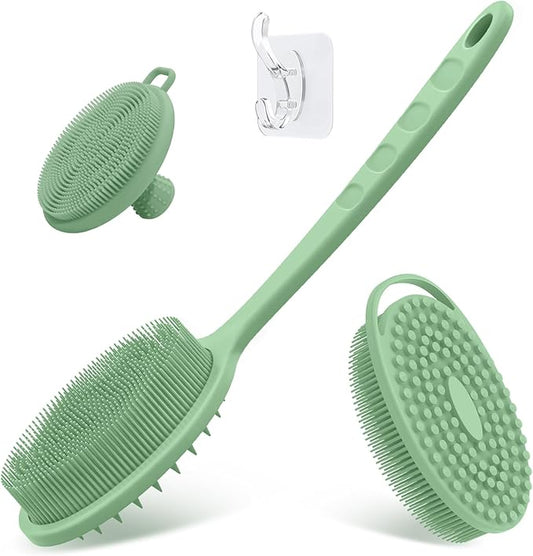 Silicone Back & Body & Face Scrubber Set 3PCS, Gentle Exfoliating Back & Body Scrubber with Dual-Side Brush Head, Hygienic Silicone Loofahs with Soft Bristle and Non-Slip Handle(Green-3PC)