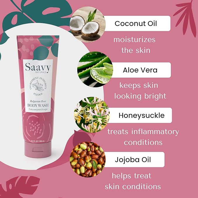 Saavy Naturals Bulgarian Rose Body Wash, Moisturizing Shower Gel for Men & Women, Vegan Formula with Coconut Oil, Shea Butter, and Aloe Vera - 8.5 Fl Oz, 2 Pack Made in the USA