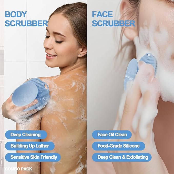 Soft Silicone Body Scrubber Gentle Like a Hand Exfoliating Your Skin and Build Up Lather, Back Large Suction Cup Easy to Store, & Deep Clean (Body Scrubber + Face Scrubber Blue)