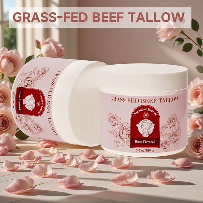 Beef Tallow for Skin, Whipped Beef Tallow For Skin, Tallow Face Moisturizer, Rose-Flavoured Whipped Tallow Face Cream Moisturizer Beef Tallow Blam Grass Fed Body Lotion Skin Care, 5.3 OZ