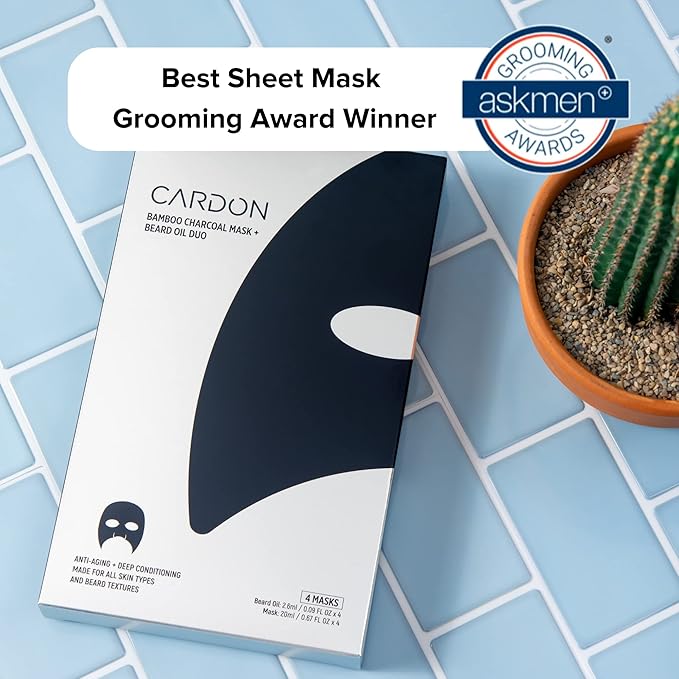 Cardon Face Mask for Bearded Men | Korean Sheet Mask for Men | Bamboo Charcoal Facial Mask and Beard Oil | 4-Pack